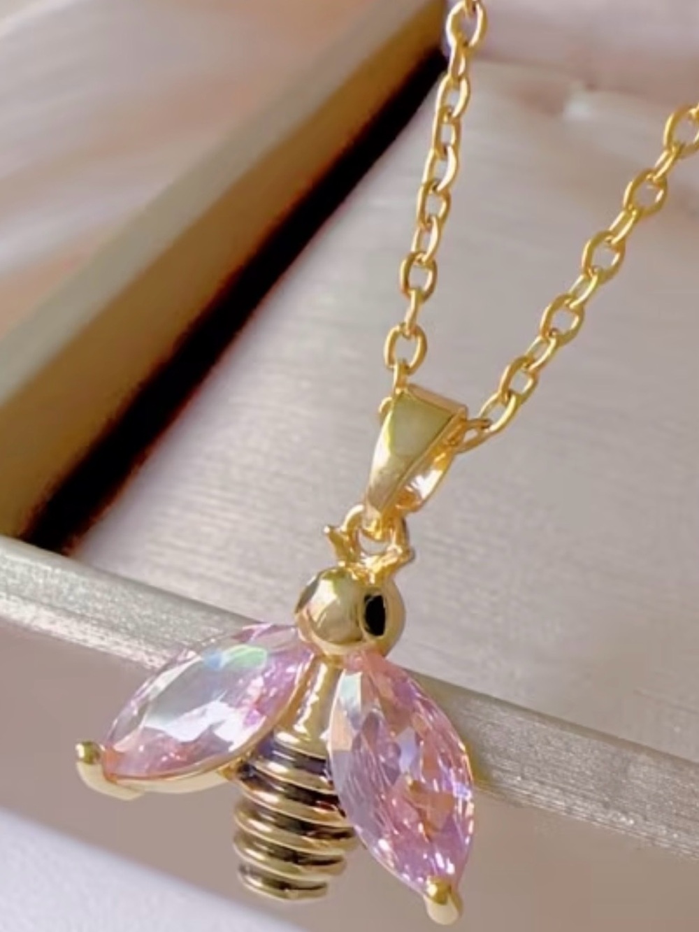 Gold-Tone Pink Crystal Bee Pendant Necklace - Unbranded